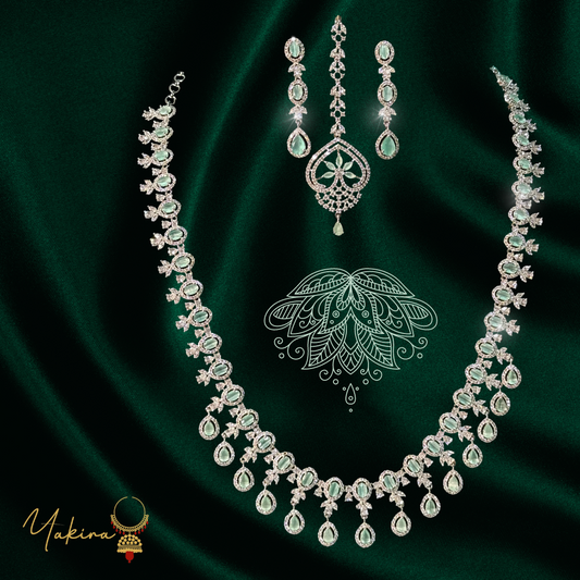 Aruna Mint-Green Saram Set (AD Stones + Mint Green Crystal)