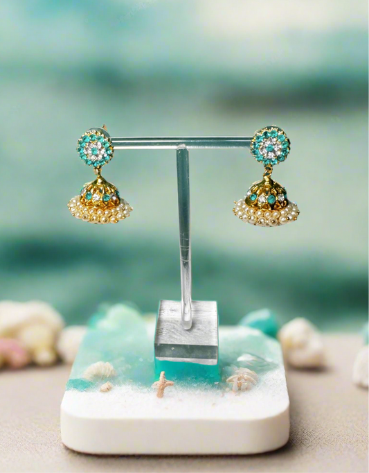 Pallavi White and Sea Blue Stones Jimiki