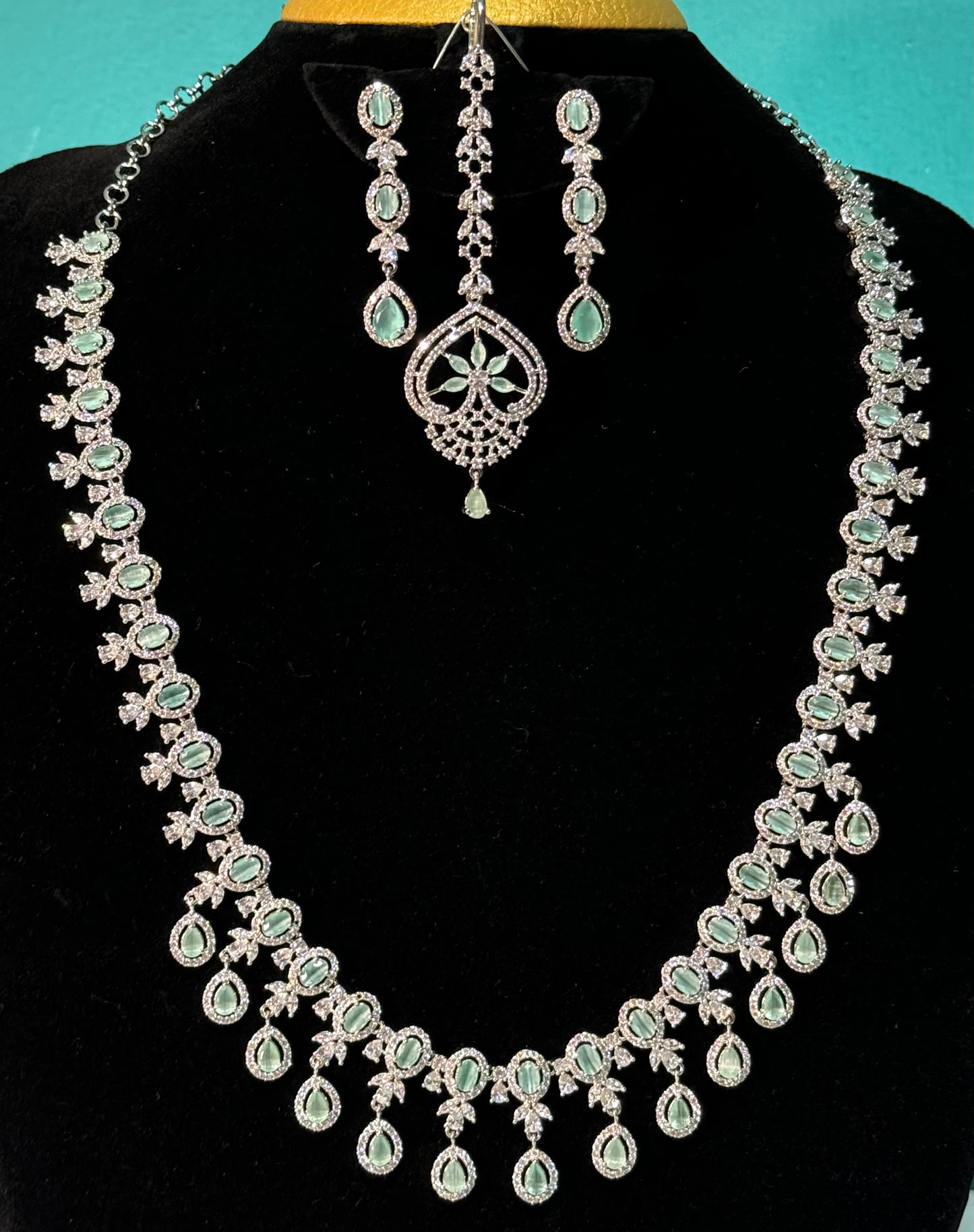 Aruna Mint-Green Saram Set (AD Stones + Mint Green Crystal)